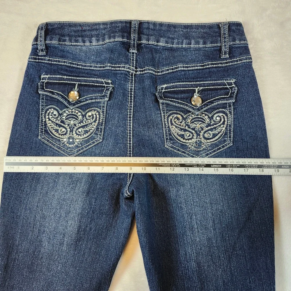 One 5one Bootcut Jeans Women 8 Dark Wash Blue Excellent Embroidered Rhinestone - Picture 7 of 15